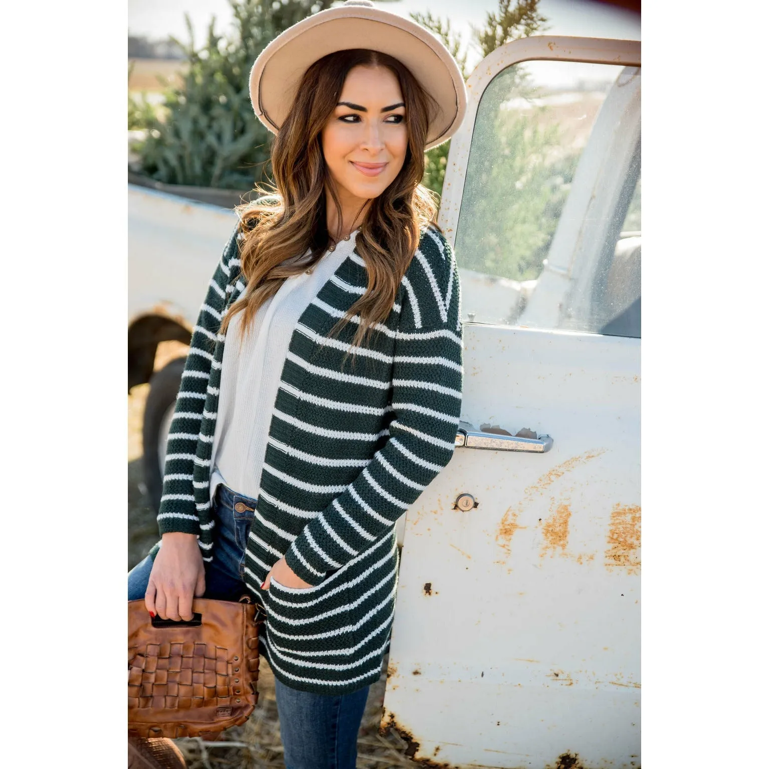 Thin Striped Knit Tunic Cardigan