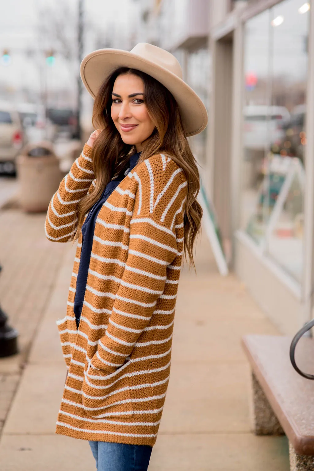 Thin Striped Knit Tunic Cardigan