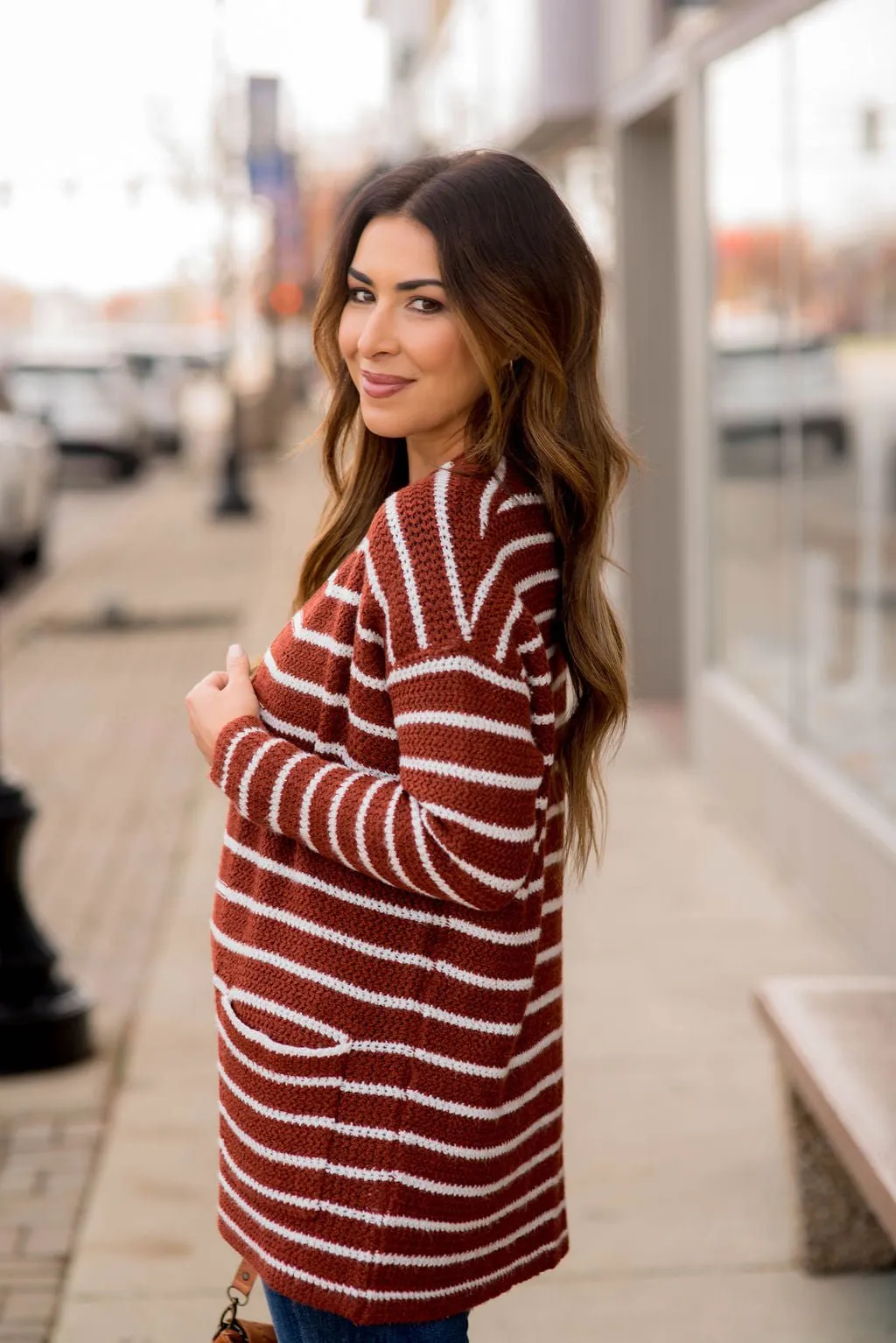 Thin Striped Knit Tunic Cardigan