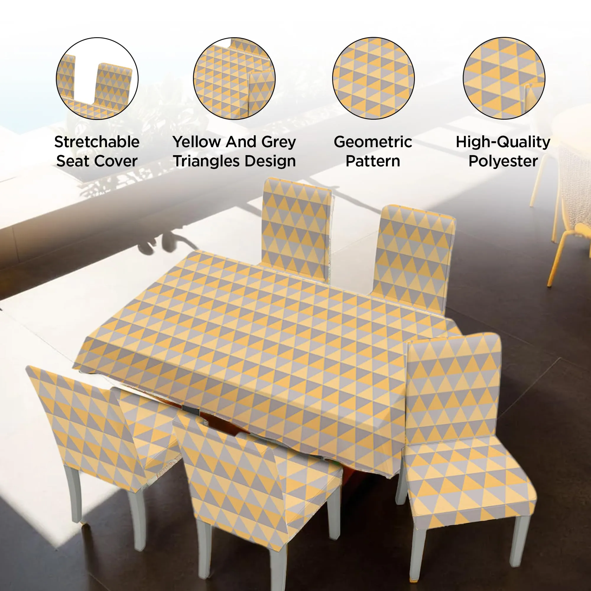 UMAI Dining Table Cloth | Dining Table Cover 6 Seater Cover Set | Water Proof Cloth Dust and Oil Repellent Washable |Geometric Yellow & Grey Triangle Design