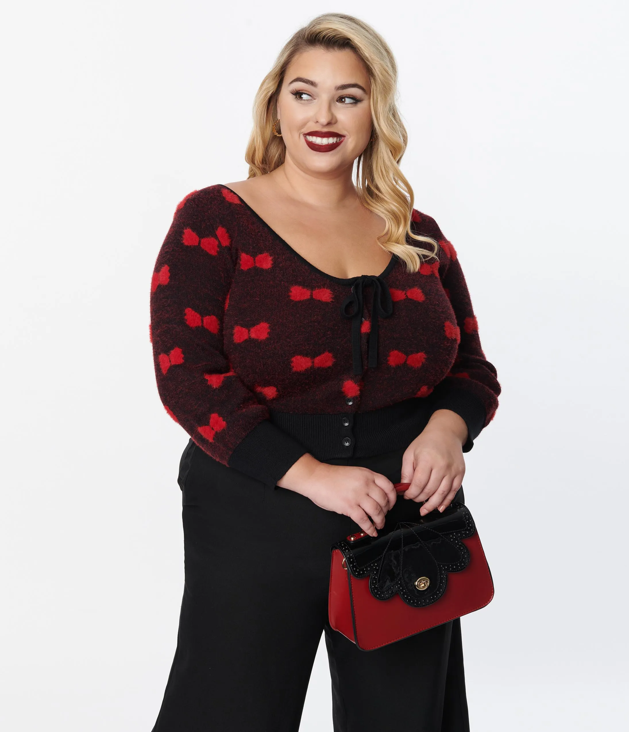 Unique Vintage Plus Size Black & Red Bows Dandy Cardigan