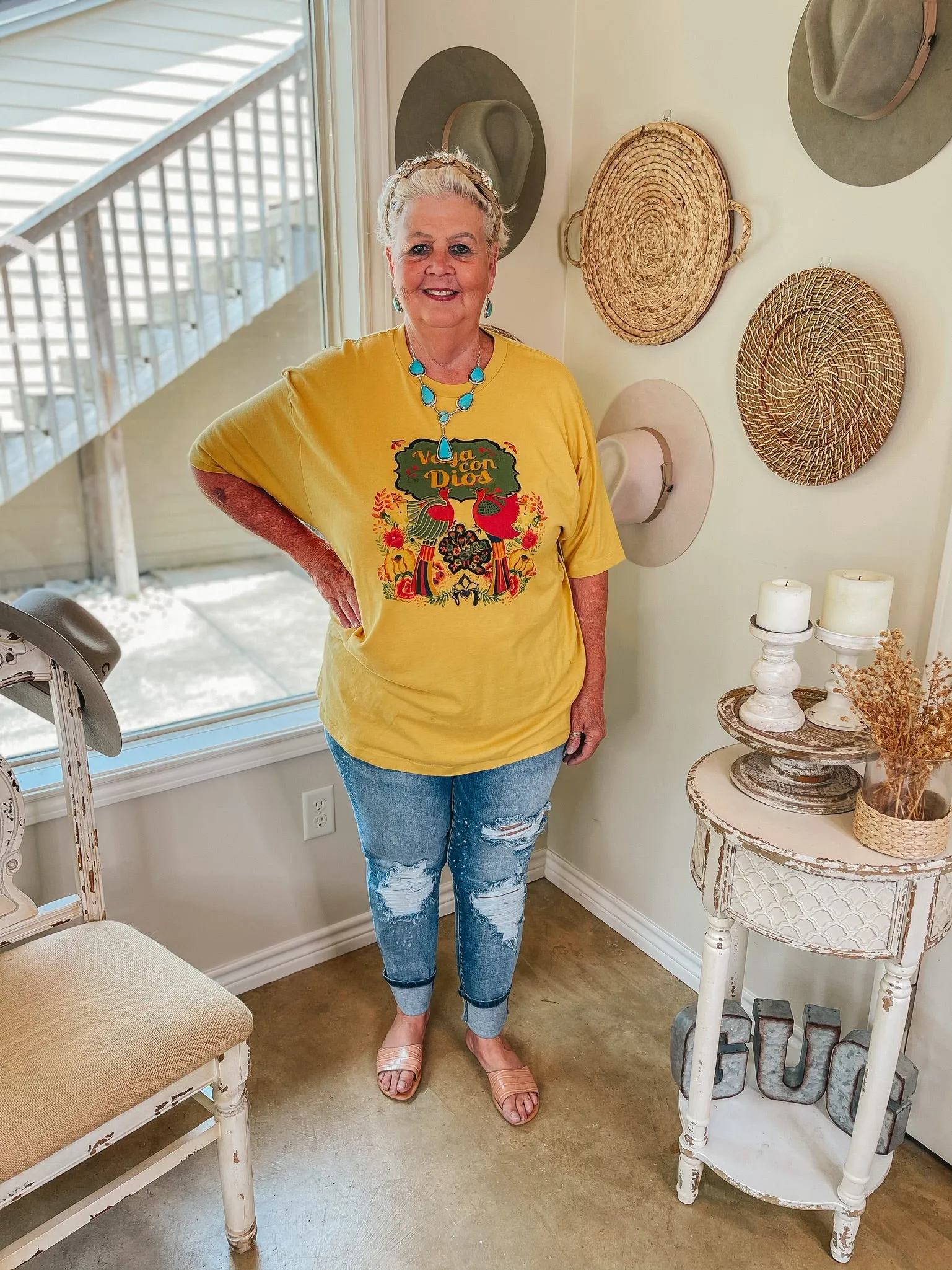 Vaya Con Dios Short Sleeve Floral Graphic Tee in Mustard Yellow