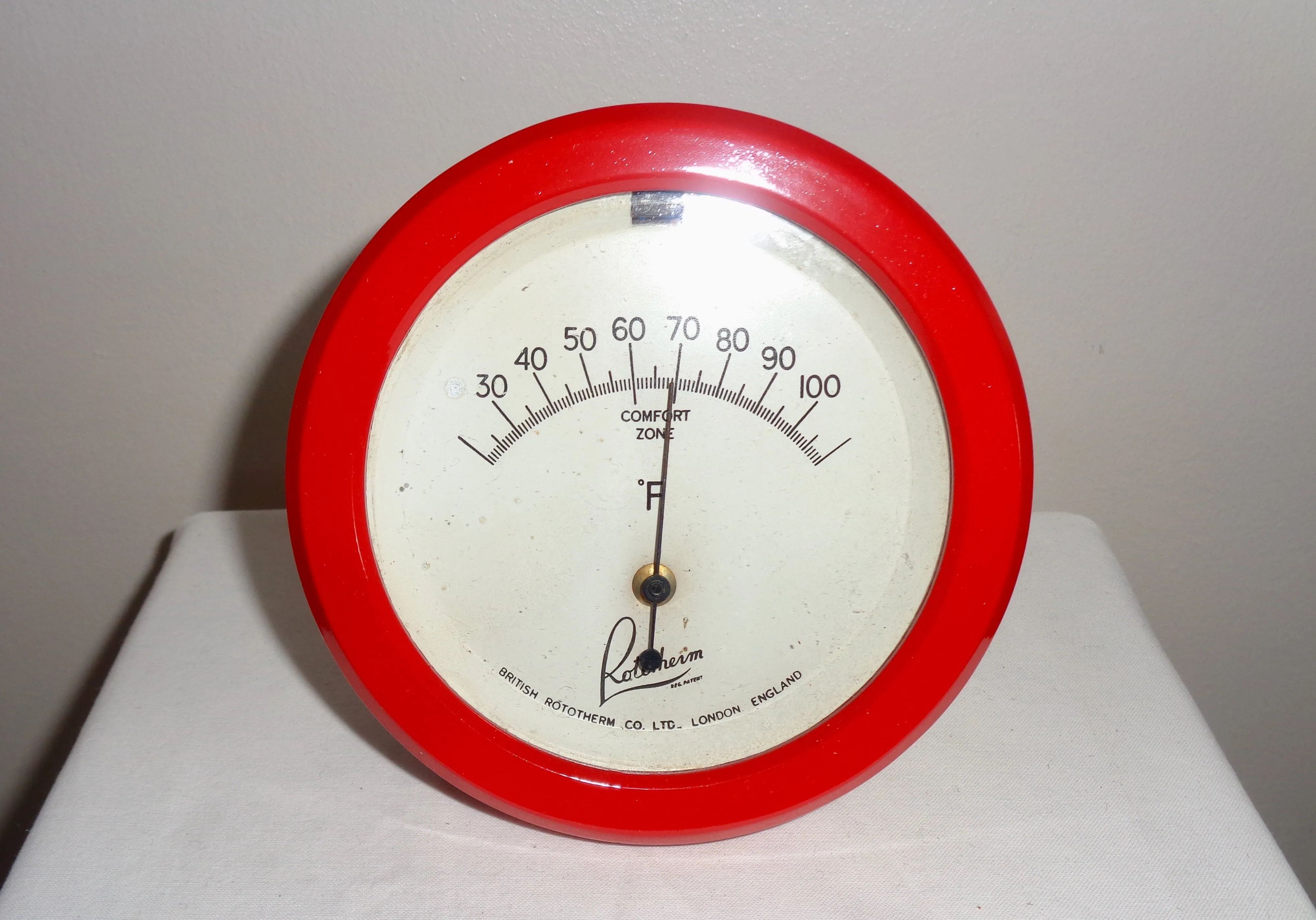 Vintage Large Bakelite Rototherm Thermometer With Painted Red Surround