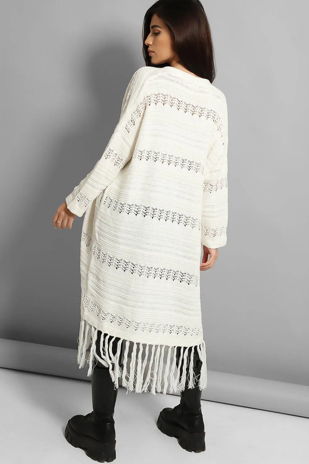 White Crochet Knit Fringe Hem Cardigan